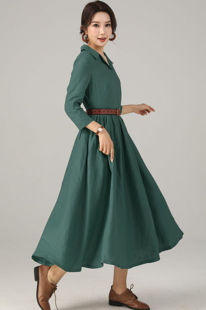 Green Linen Midi Shirt Dress - Fit and Flare Silhouette 5720