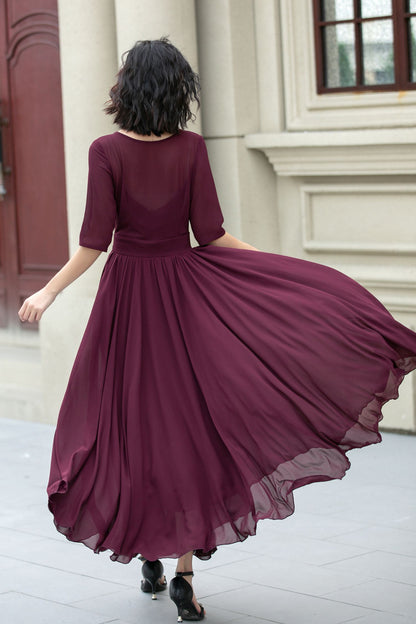 Burgundy Chiffon Fit & Flare Dress - Boat Neck Half Sleeve | Xiaolizi 5113