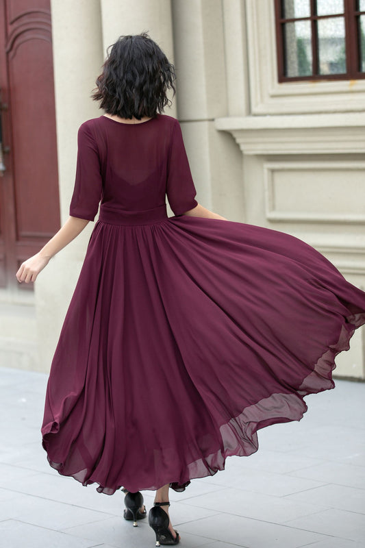 Burgundy Chiffon Fit & Flare Dress - Boat Neck Half Sleeve | Xiaolizi 5113
