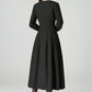 Handmade Black Wool Blend Midi Dress – Elegant Pleated Fit & Flare with Long Sleeves 6524