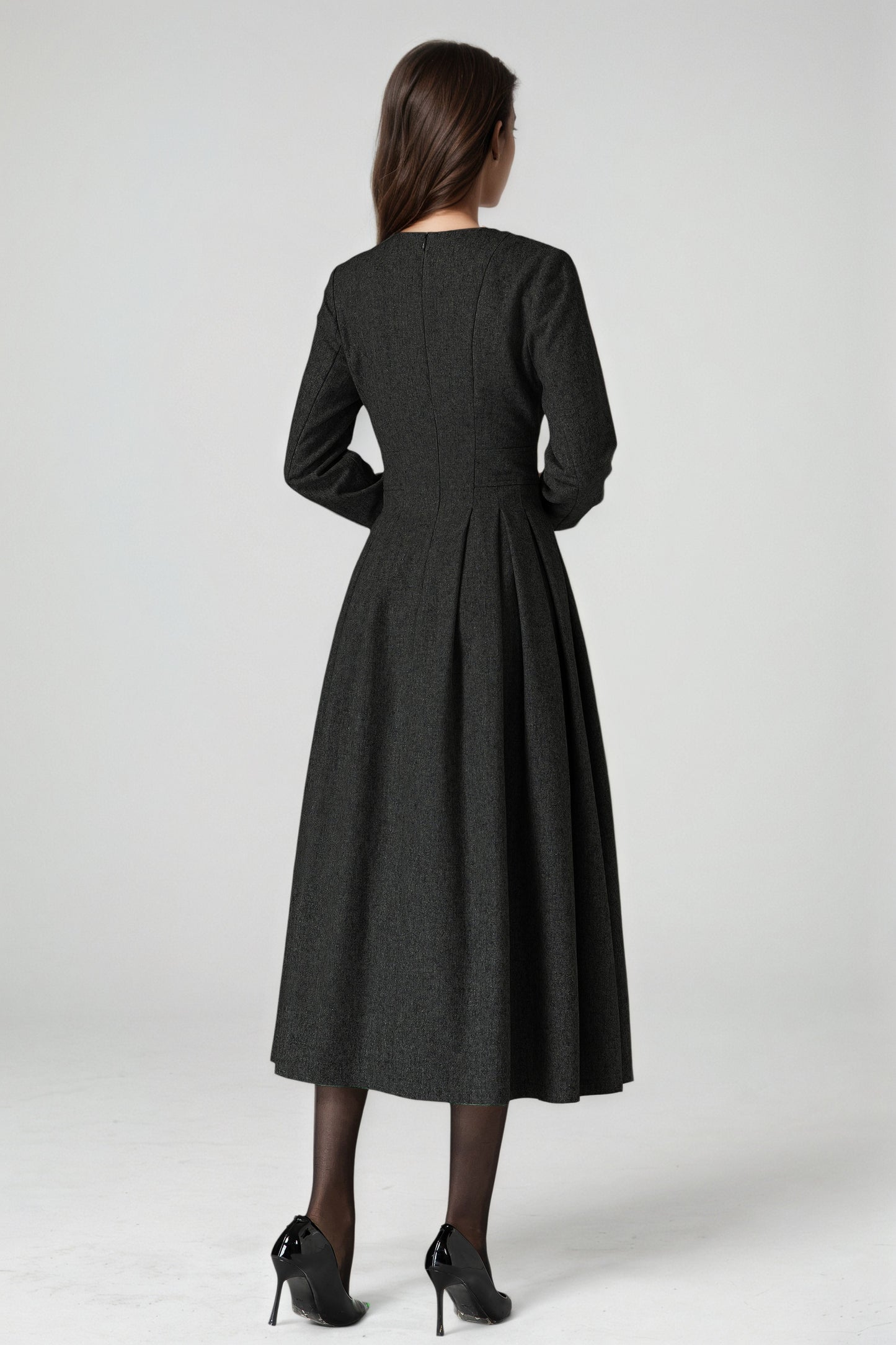 Handmade Black Wool Blend Midi Dress – Elegant Pleated Fit & Flare with Long Sleeves 6524