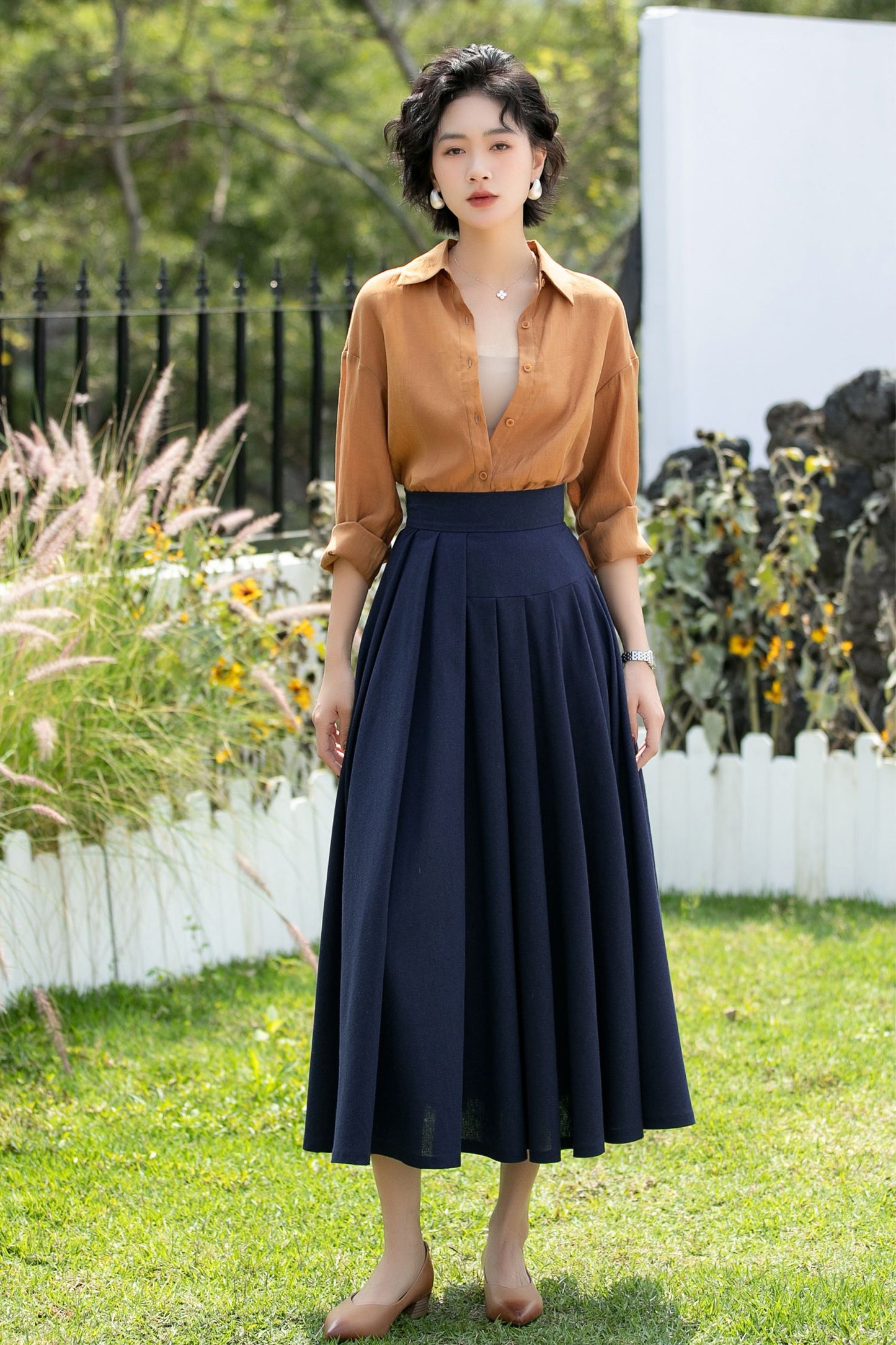 Deep Navy Linen Cotton Midi Skirt High Waist | Xiaolizi 6736- Size XS #CK2600283