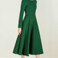 Green Wool Fit & Flare Long Dress Women 2436