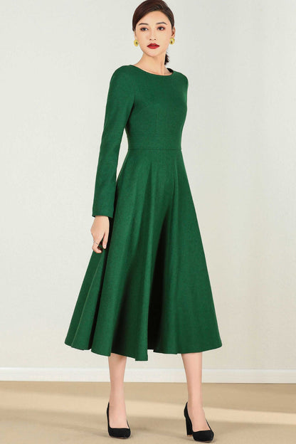 Emerald Green Wool Midi Dress Handmade Fit & Flare | Xiaolizi 2436 Green / XL Emerald Green Wool Midi Dress Handmade Fit & Flare | Xiaolizi 2436 Green / XL
