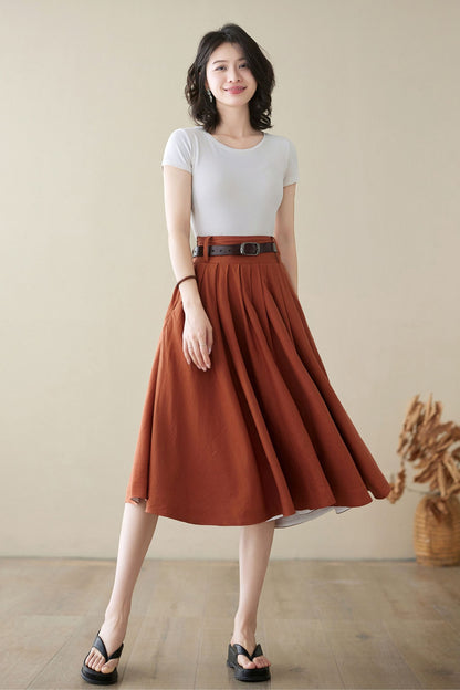 Dark Red Linen Pleated A-Line Skirt - High Waist Midi | Xiaolizi 4973