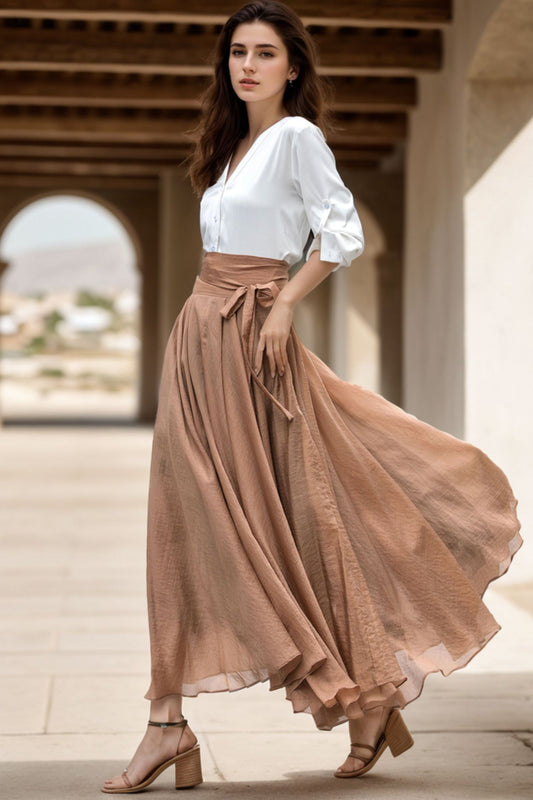Brown Chiffon Circle Maxi Skirt - High Waist Self-Tie Belt | Xiaolizi 5133