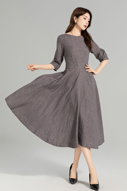 Taupe Grey Linen Swing Dress – Vintage Fit and Flare Midi Dress with Pockets 4961