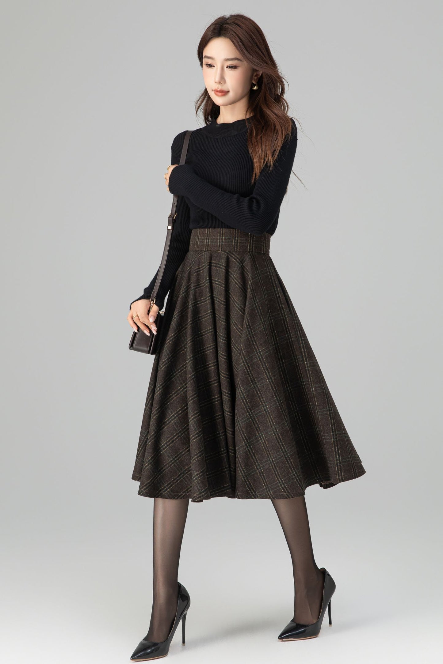 Classic Plaid Midi Skirt Dark Brown Wool – High-Waisted Circle – 6396