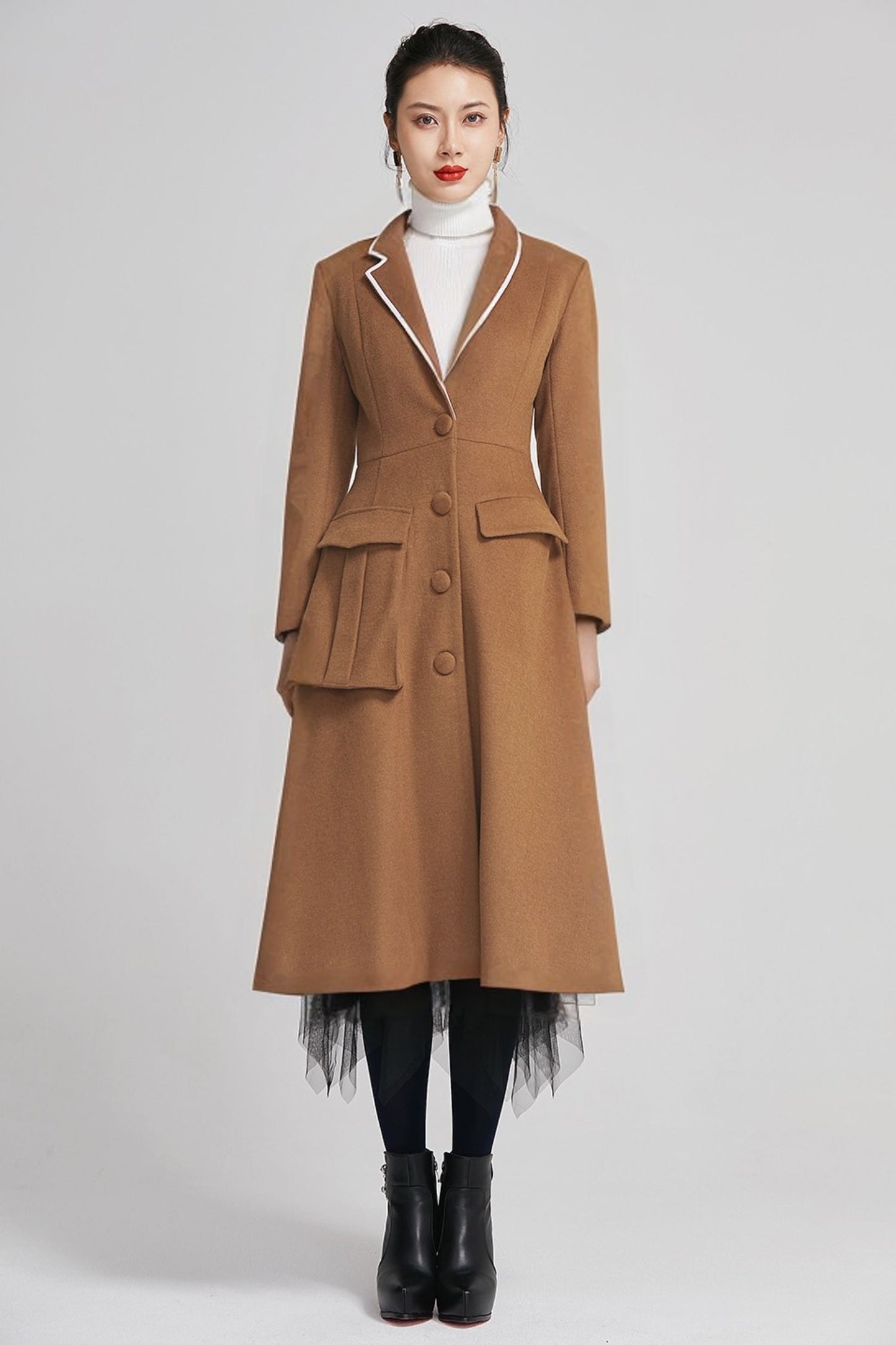 Women's Brown Wool Coat - Midi Length Winter Coat with Lapel Collar 5613