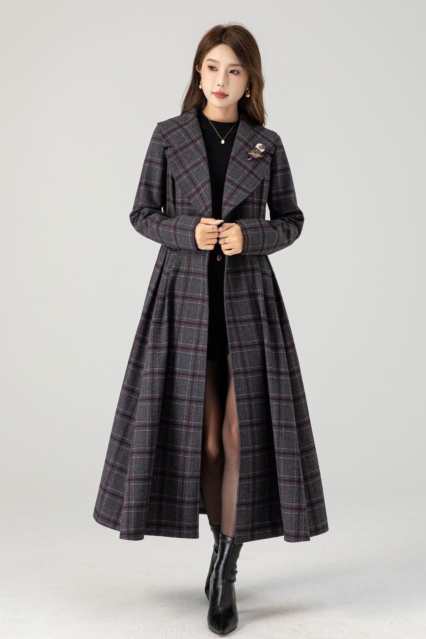 Vintage inspired plaid long wool coat 4607