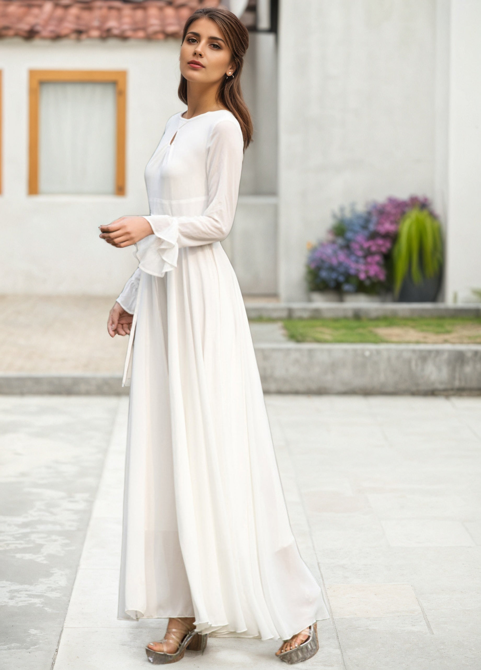 Elegant White Long Dress Flared Skirt & Keyhole Neckline 2622 Xiaolizi Elegant White Long Dress Flared Skirt & Keyhole Neckline 2622 Xiaolizi