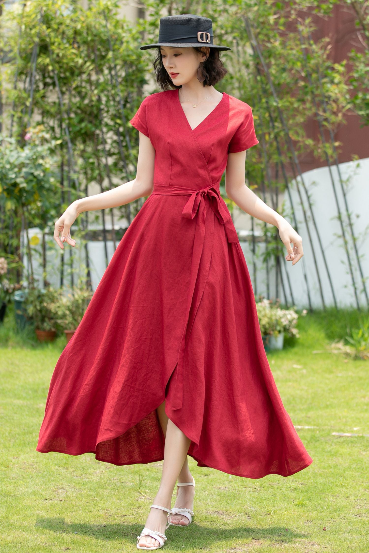 Short sleeve Burgundy Linen Wrap dress 5202 Xiaolizi Short sleeve Burgundy Linen Wrap dress 5202 Xiaolizi