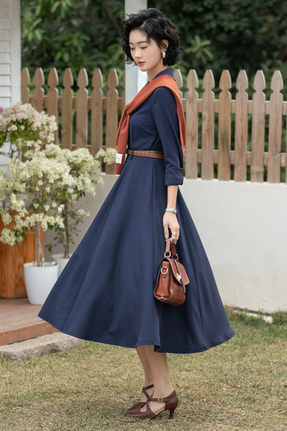 Xiaolizi Navy Linen Shirt Dress – Vintage A-Line Midi 6694-Size XS #CK2600163