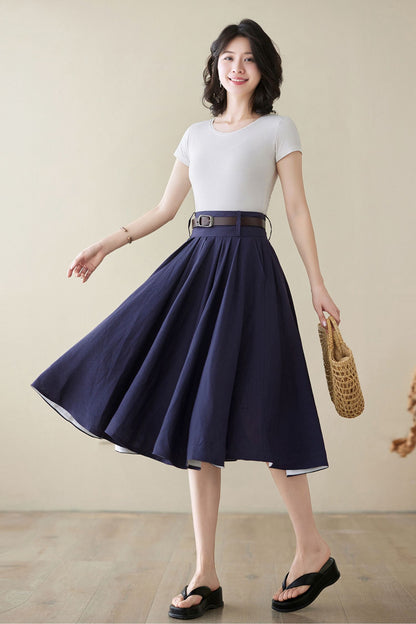 Navy Linen Pleated A-Line Skirt - High Waist Knee Length | Xiaolizi 4972
