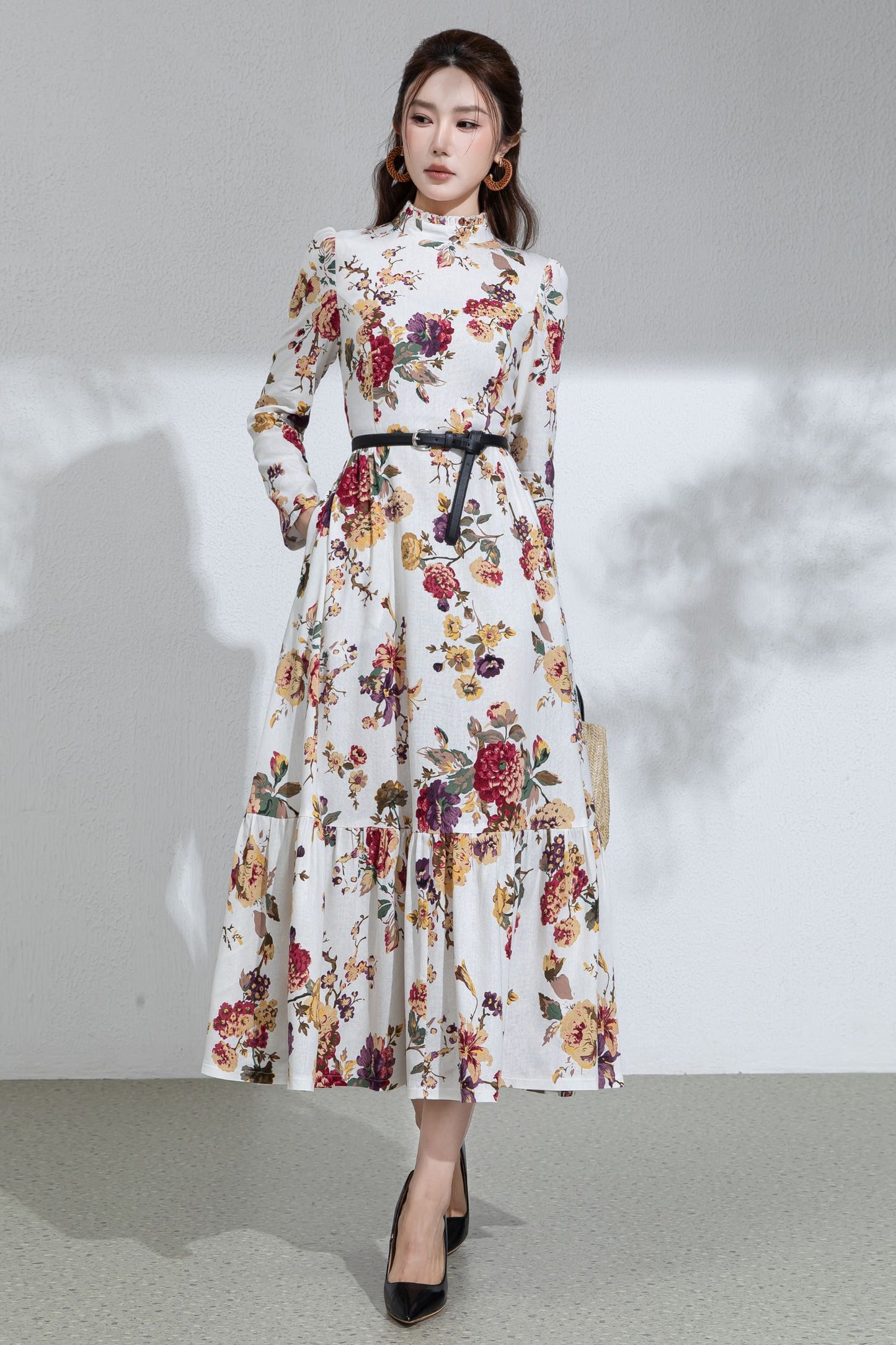 Floral Cotton Linen Maxi Dress: Ruffle High Neck Long Sleeve Dress 6713