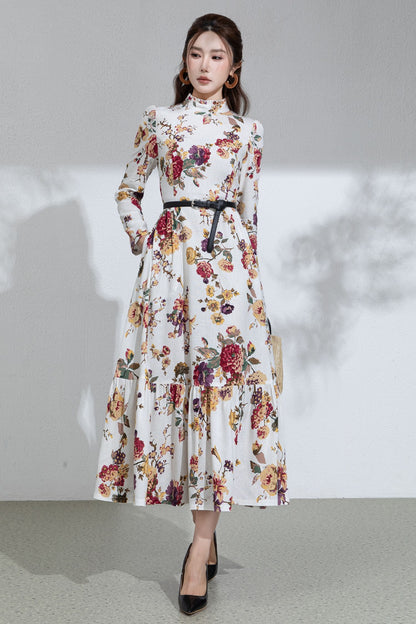 Floral Cotton Linen Maxi Dress: Ruffle High Neck Long Sleeve Dress 6713
