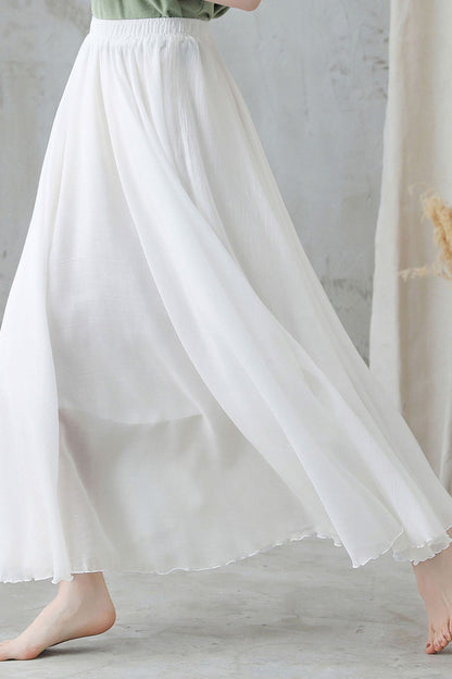 White Linen Maxi Swing Skirt, Pleated Elastic Waist | Xiaolizi 2748