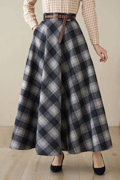 Blue Gray Plaid Wool Maxi Skirt – High Waist A-Line Winter Skirt for Women 5262