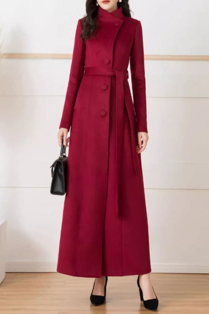 Wine Red Wool Long Trench Coat - Stand Collar, Belted Waist 5294