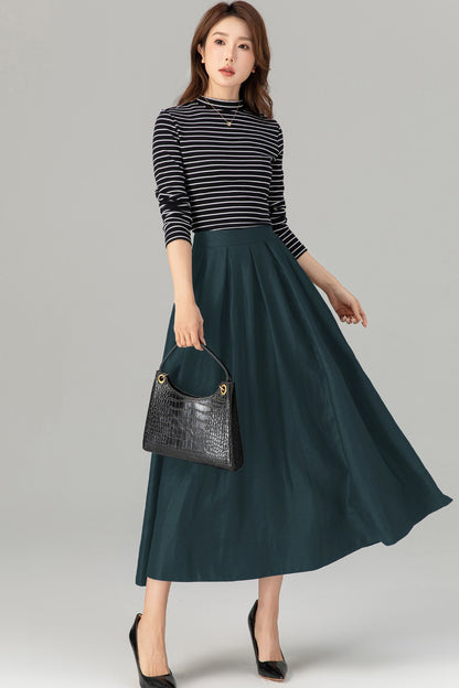 Dark Green Linen Midi Skirt - Pleated A-Line with Pockets 5724