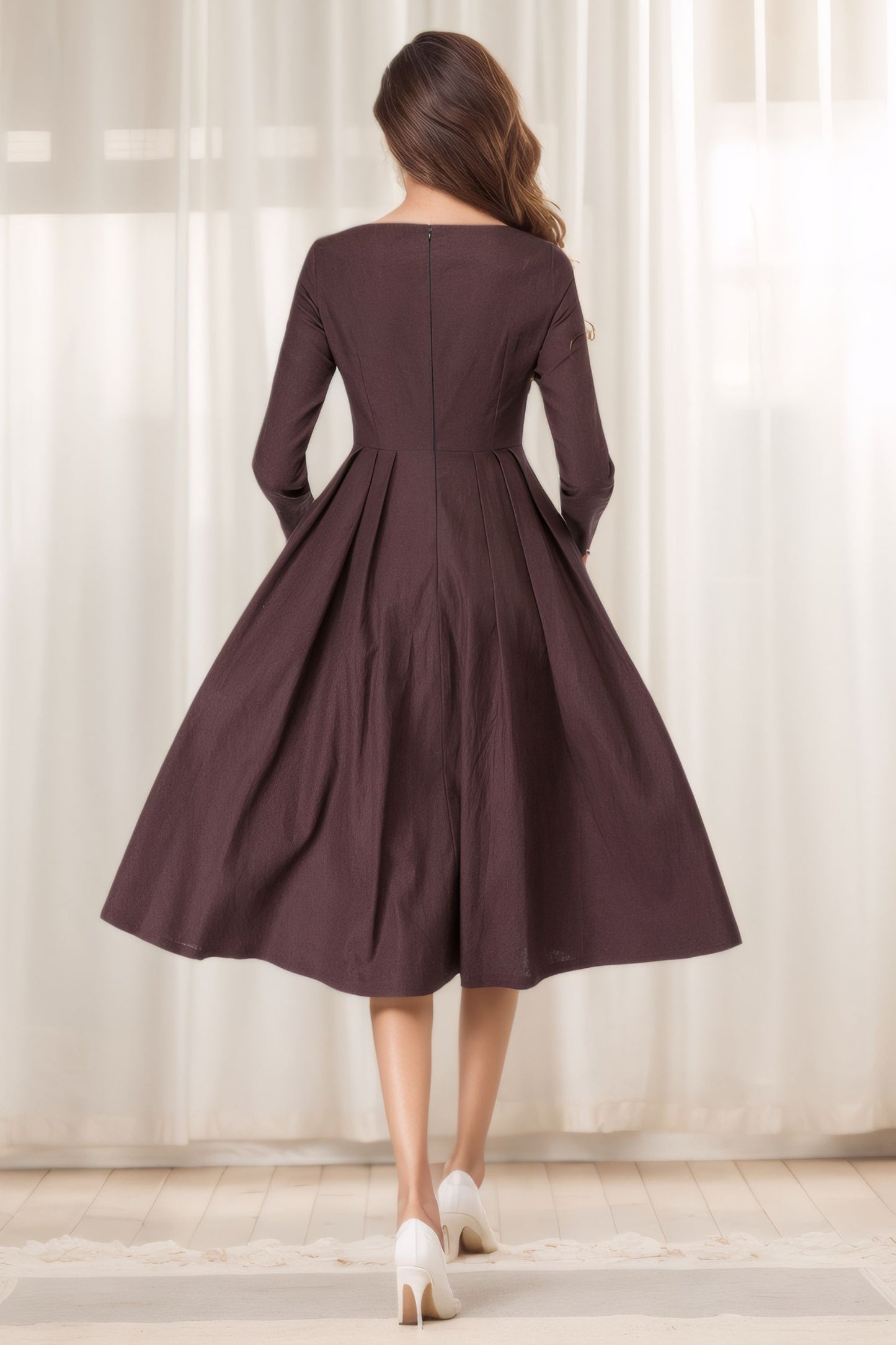 Brown Linen A-Line Spring Dress 5615