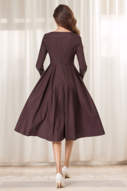 Brown Linen Dress - A-Line Silhouette with Boat Neck 5615