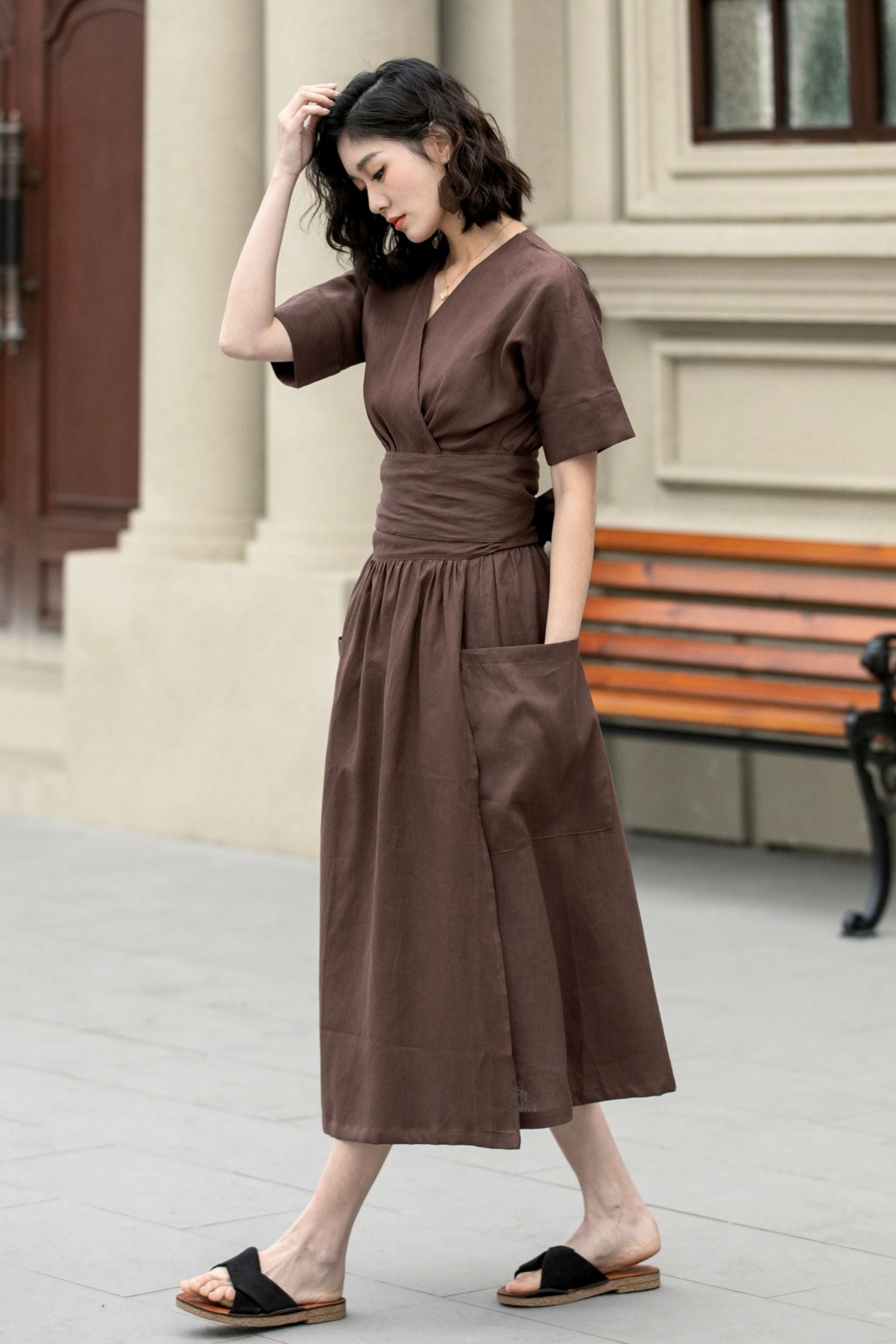 Brown Linen Fit and Flare Midi Dress - Wrap Tie Waist 4957