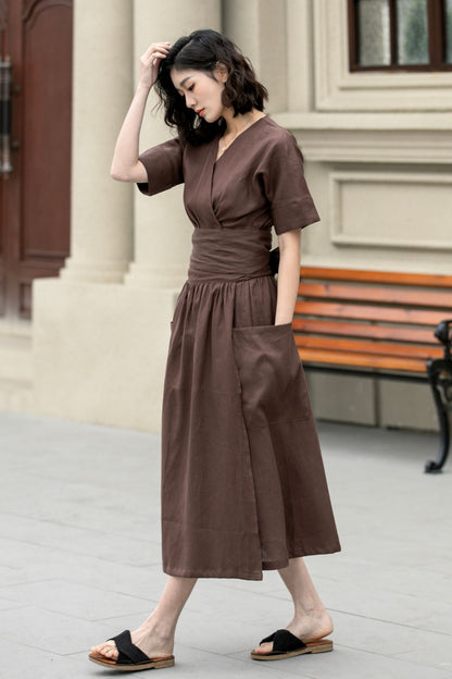 Fit and flare brown midi linen dress 4957