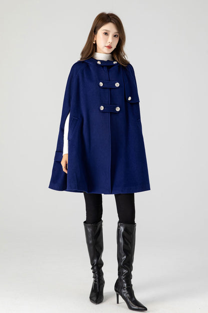 Handmade Blue Wool Cape Coat – Hooded Double-Breasted Winter Overcoat | Xiaolizi 4601