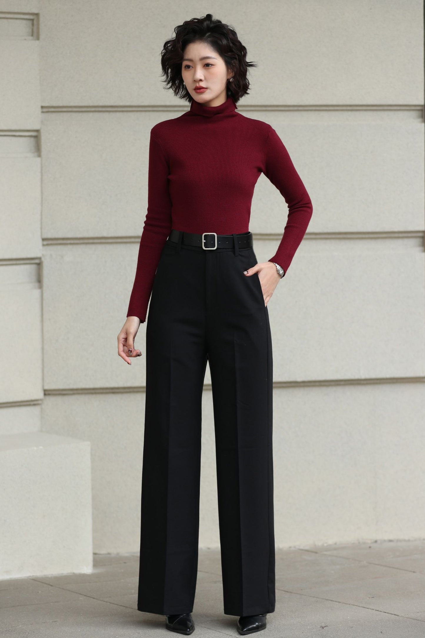 Handmade Vintage Wool Pants – Black High Waist Wide Leg Winter Trousers 6620