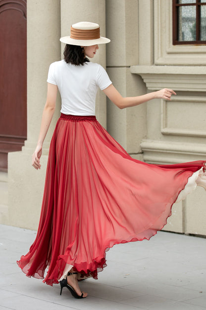 Rust Red Chiffon Maxi Skirt - Swing Elastic Waist | Xiaolizi 5151