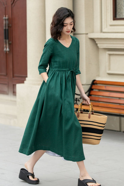 Green midi linen dress with drawstring waist 4969