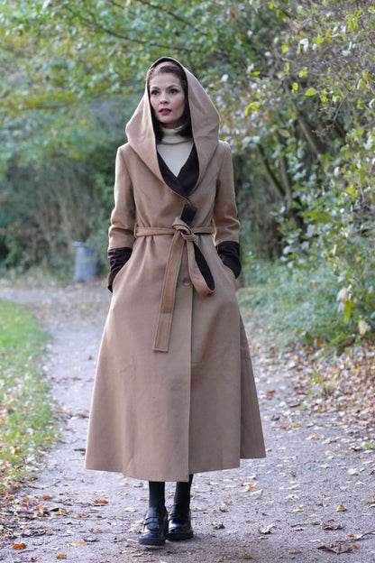 Camel Wool Trench Coat with Hood - Two-Tone Contrast Cuffs 4725