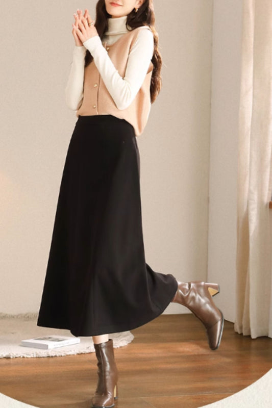 Black a line long wool skirt women 5468