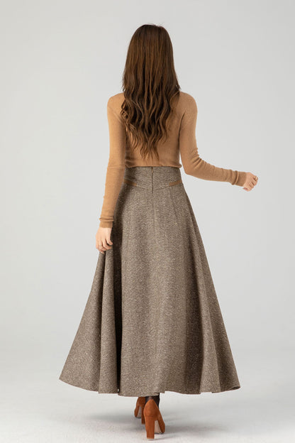 Khaki Wool Blend A-Line Maxi Skirt - High Waist Lined | Xiaolizi 4608