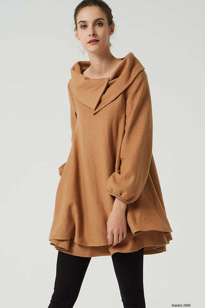Vintage Wool Tunic Dress – Camel Brown with Asymmetrical Collar – 2066