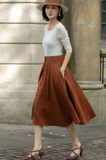 Handmade Linen Midi Skirt – Rust Brown Button Front Swing Skirt | Xiaolizi 5689