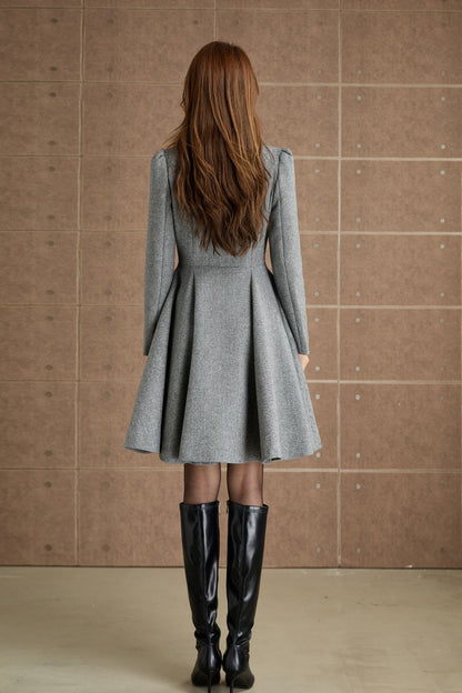 Wool Blend Fit and Flare Coat – Gray Double Breasted Coat with Pockets 5365