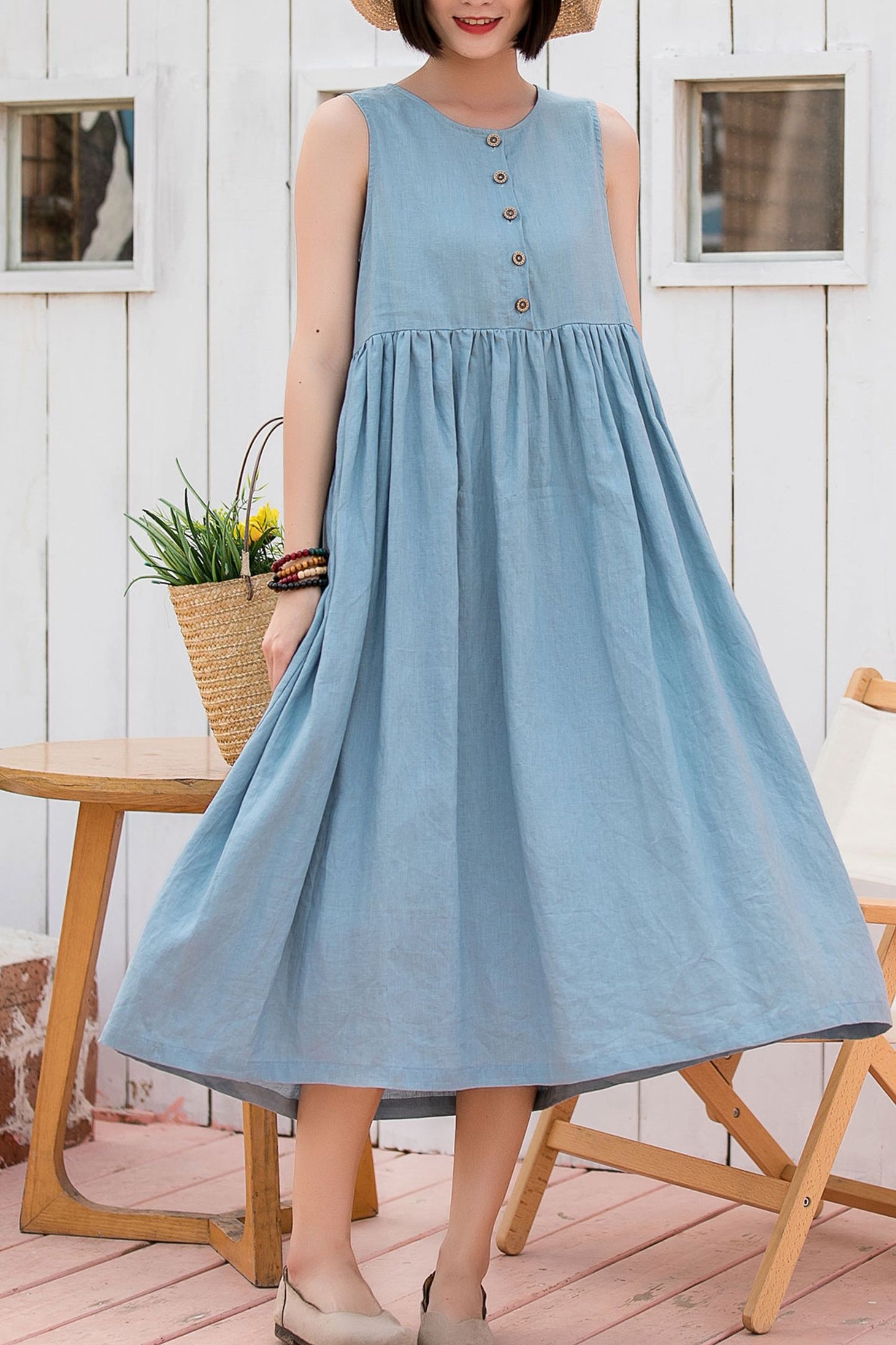 Light Blue Linen Dress A-Line Sleeveless Pockets | Xiaolizi Light Blue Linen Dress A-Line Sleeveless Pockets | Xiaolizi