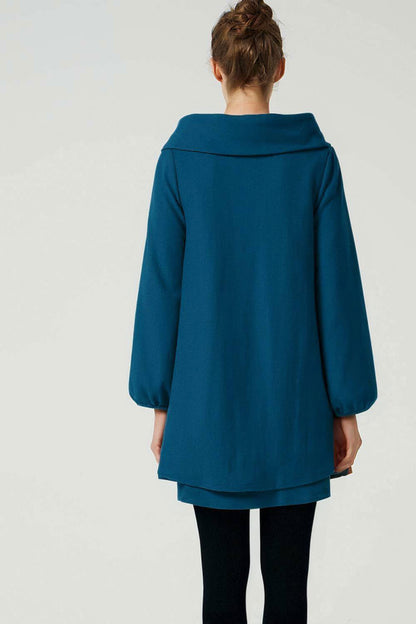 Teal Wool Tunic Dress - Oversized Fit with Asymmetrical Collar 5208