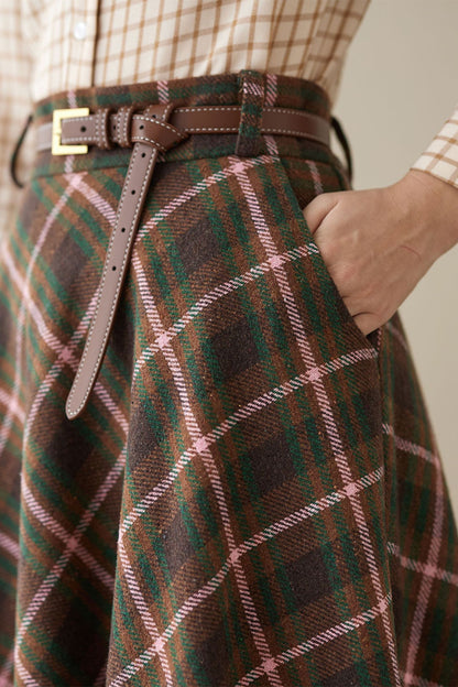 Elegant Plaid Wool Blend Skirt – Handmade Brown Full Winter Maxi | Xiaolizi 4620