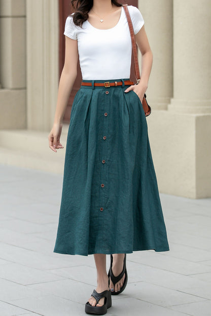 Dark Green Linen Midi Skirt - A-Line with Button Detail 4970