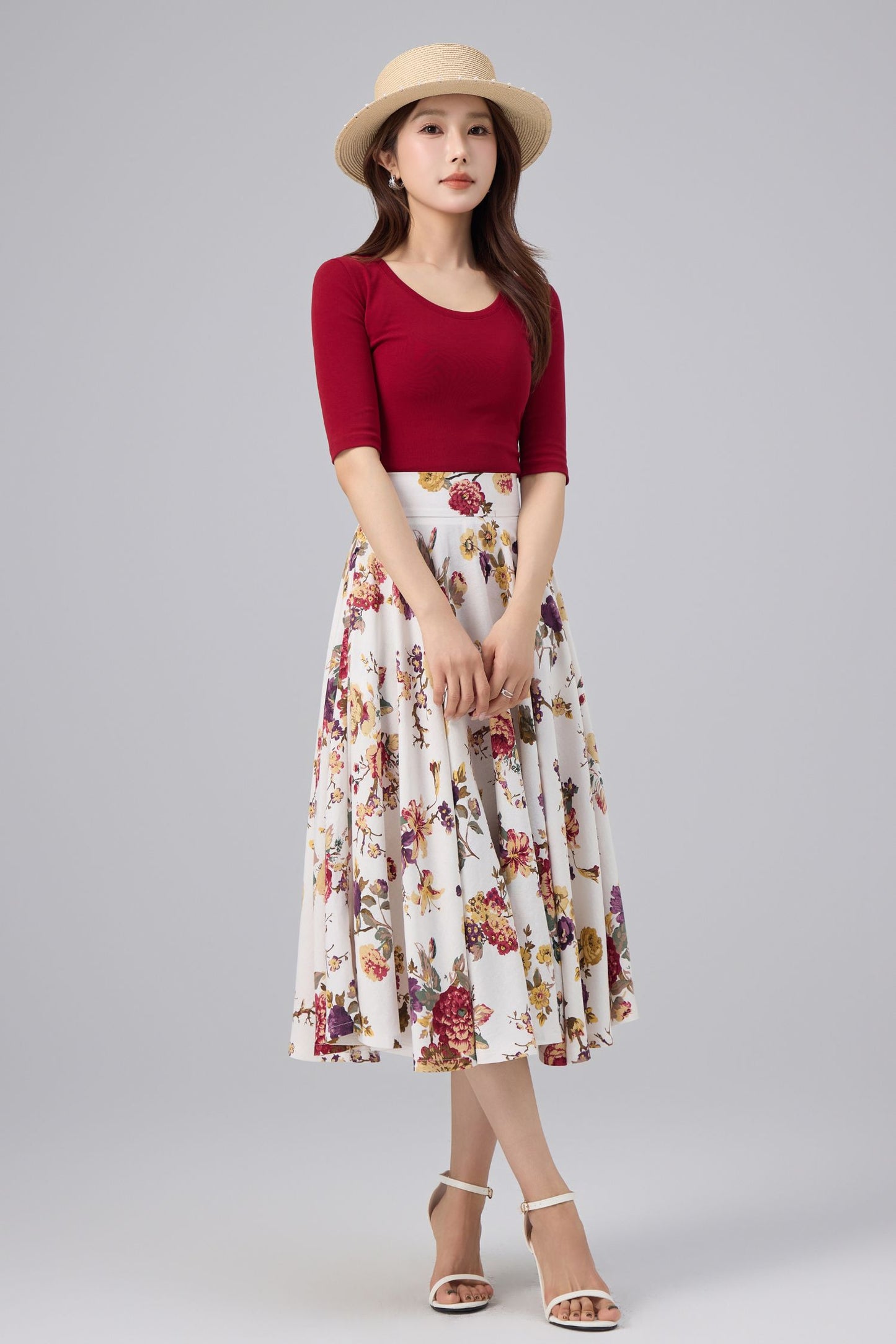 White Floral Cotton Linen Midi Skirt - High Waist, A-line Swing | Xiaolizi 6764