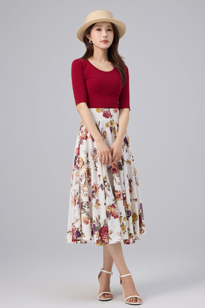 White Floral Cotton Linen Midi Skirt - High Waist, A-line Swing | Xiaolizi 6764