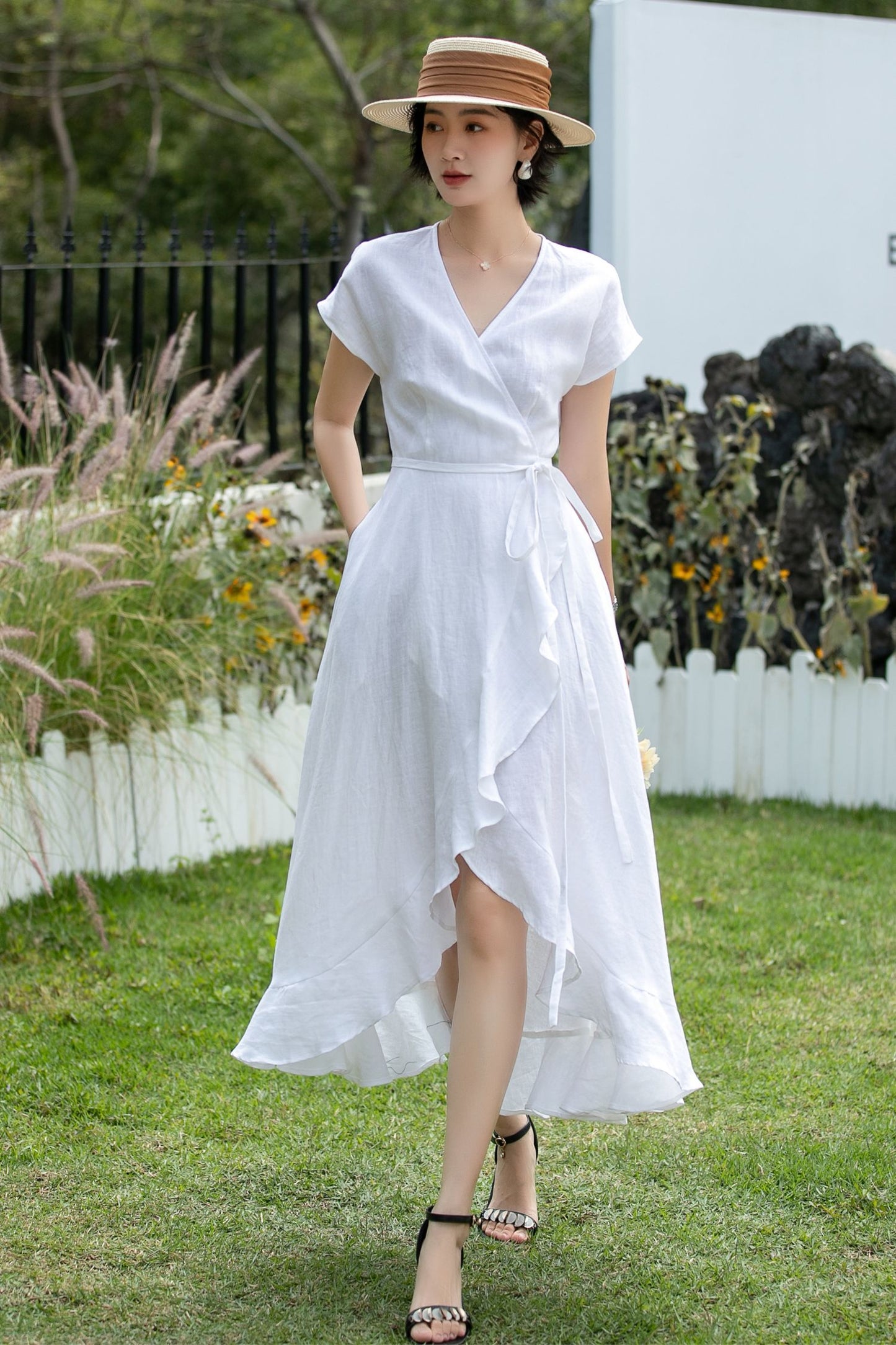 White Linen Wrap Dress - V-Neck Ruffle Hem | Xiaolizi 6743
