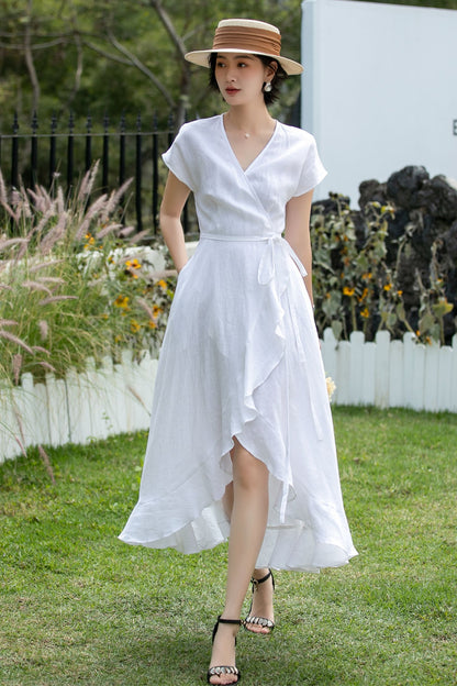 White Linen Wrap Dress - V-Neck Ruffle Hem | Xiaolizi 6743