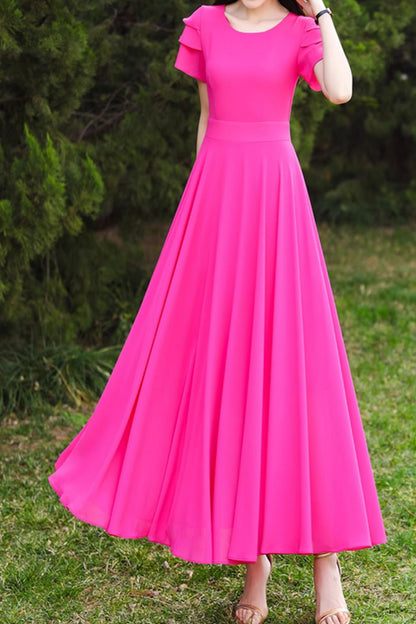 Rose Red Chiffon Maxi Dress - Flowing Skirt, Short Sleeve 5103
