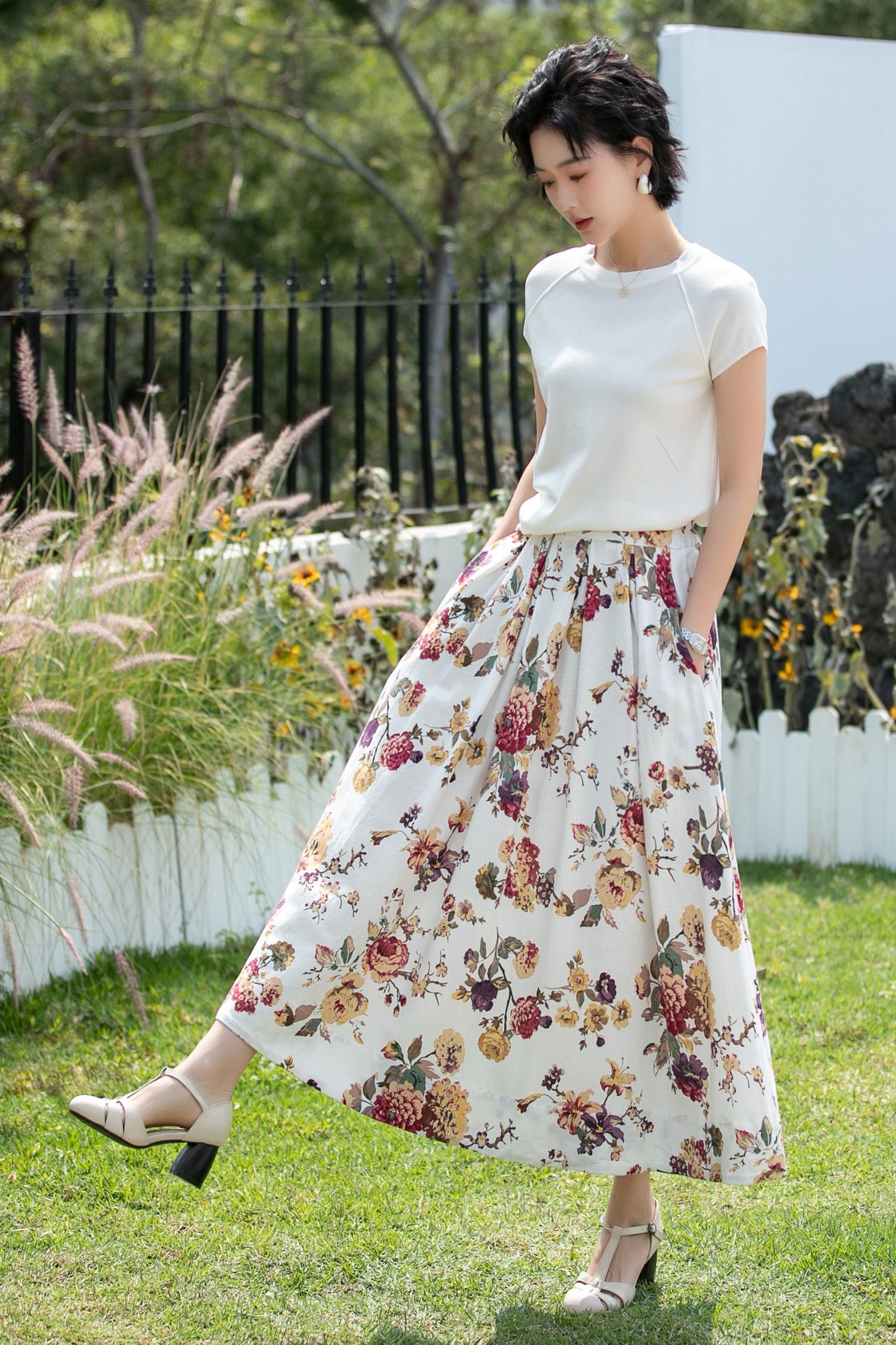 Vintage Floral Linen Cotton Swing Midi Skirt | Xiaolizi 6737