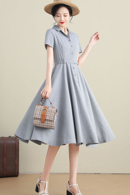 Handmade Cotton Linen Shirt Dress – Short Sleeve Summer Midi with Pockets | Xiaolizi 3272