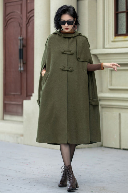 Green Wool Cape Coat – Vintage Military Hooded Winter Overcoat | Xiaolizi 5351